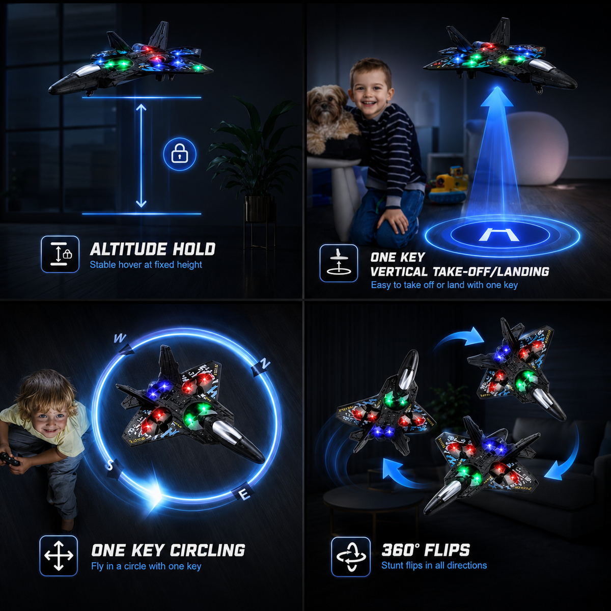 Fighter Jet RC Drone Toy with LED Lights & One-Key Takeoff